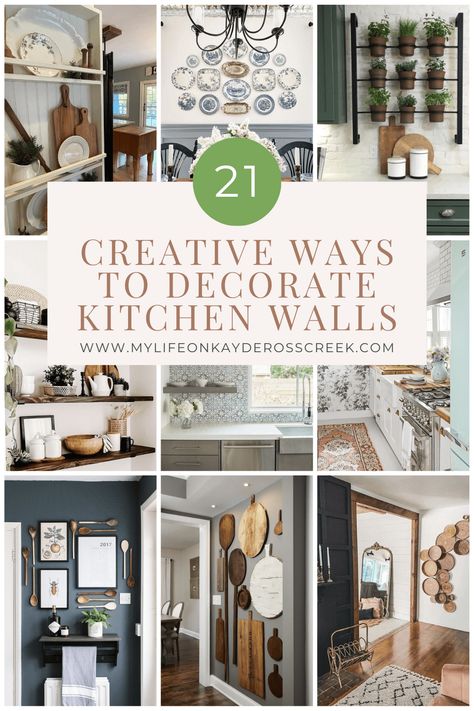 21 of The Best Ways to Decorate Kitchen Walls on a Budget - Life on Kaydeross Creek Boring Kitchen Wall Ideas, Kitchen Dining Area Wall Decor, How To Decorate A Bare Wall, Kitchen Picture Collage, Traditional Kitchen Wall Decor, Wall Decor In Kitchen Ideas, Photo Wall Collage Kitchen, Bare Wall Kitchen Ideas, Old Kitchen Utensils Decor