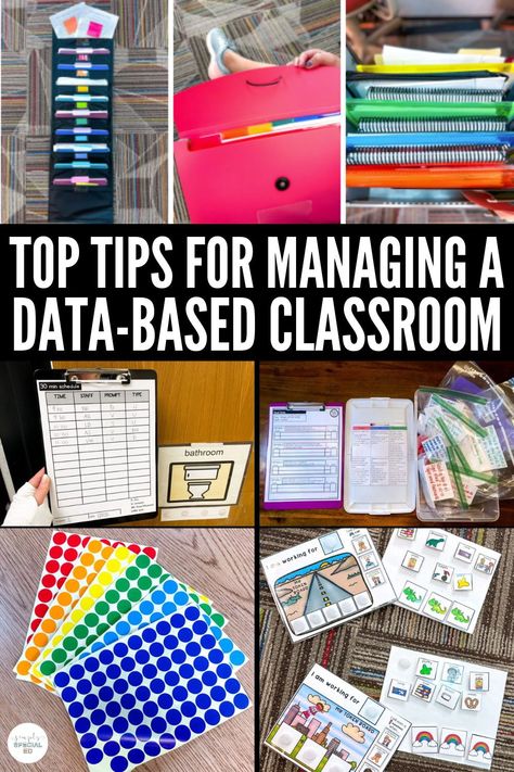 Do you want to learn more about having a data driven classroom? I’m sharing my best tips as a special education teacher on how to manage a data based classroom. There are a variety of skills to collect data on to meet IEP goals. I love having a color coded special education classroom to help my classroom organization. You will need a variety of school supplies and tools including IEP goal bins. Learn more about these tips as well as how to train your special education paraprofessionals! Iep Goal Bins, Iep Bins, Classroom Special Education, Special Needs Classroom, Special Education Paraprofessional, Special Education Organization, Paraprofessional Gifts, Special Education Law, Middle School Special Education