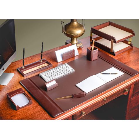 The set includes one of our bestselling 34" x 20" desk pads, along with a perfectly matching double letter tray set with stacking posts, pencil cup, memo holder, letter opener, business card holder, double pen stand, and letter holder.  #deskset #home #office #leather #desk #accessories #giftideas #gifts Leather Office Accessories, Luxury Box Design, Leather Desk Accessories, Leather Desk Organizer, Business Office Decor, Memo Holder, Desk Organizer Set, Mens Office, Letter Tray