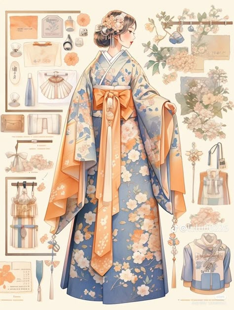 Off Shoulder Kimono Japanese, Kimono Art Reference, Fantasy Kimono Design, Naruto Clothing, Royalty Dress, Traditional Japanese Kimono, Anime Kimono, Mode Kimono, Fashion Artwork