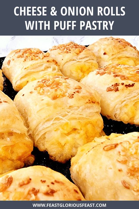 These easy Cheese & Onion Rolls are almost as common on a British buffet as their sausage cousins! Using fluffy potato as a base and packed with onion and tasty cheese, they really are a delicious veggie puff pastry snack. Air fryer and oven instructions included for extra ease! #FeastGloriousFeast Veggie Puff Pastry, Sweet Puff Pastry Recipes, Savoury Pastry Recipe, Cheese And Onion Pasty, Cheese And Onion Pie, Puff Pastry Snacks, Cheese Puffs Recipe, Puff Pastry Recipes Savory, Feast Recipes