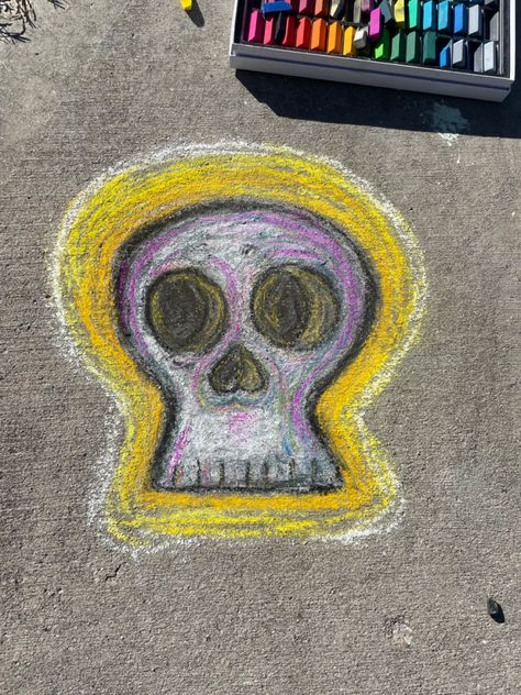 Chalk Art Halloween, Street Chalk Art, Fun Chalk Art, Chalk Ideas, Side Walk, Sidewalk Chalk Art, Colorful Skulls, Chalk Drawings, Sidewalk Chalk