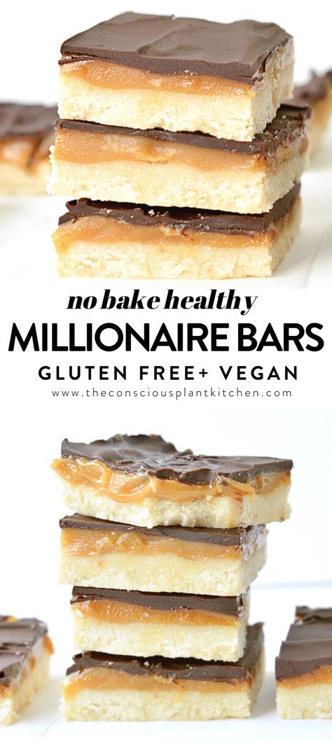 Millionaire Shortbread Bars, Conscious Plant Kitchen, Millionaire Bars, Vegan Dessert Bars, Vegan Gluten Free Desserts, Dessert Sans Gluten, Millionaire Shortbread, Vegan Baking Recipes, Plant Kitchen