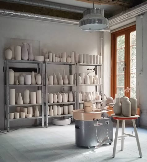 pottery studio, metal shelves, Bumling lamp | Tortus Copenhagen Poterry Clay, Tortus Copenhagen, Pottery Studio Ideas, Workshop Studio, Ceramics Studio, Studio Spaces, Pottery Workshop, Ceramic Workshop, Clay Studio