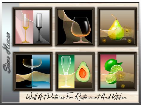 Sims House's Wall Art Pictures For Restaurant And Kitchen Sims 4 Kitchen Wall Decor, Sims 4 Restaurant, Alcoholic Drinks Pictures, Pizza Poster, Sims 4 Kitchen, Restaurant Pictures, Artist Wall, Sims 4 Downloads, Food Painting