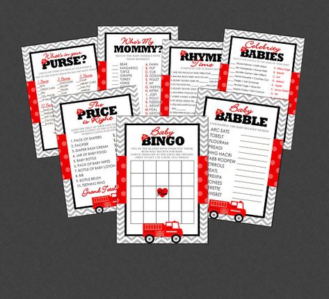 Cute Firetruck Printable Baby Shower Games Party Pack of 7 Firefighter Baby Showers, Firefighter Baby, Price Is Right Games, Baby Shower Party Games, Purse Game, Games Party, Whats In Your Purse, Baby Basics, Baby Words