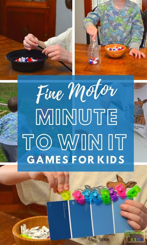 Fine Motor Minute to Win it Games for Kids.     #Finemotorskills #finemotor #childdevelopment #Occupationaltherapy #Kidsactivities #GamesforKids #Minutetowinit Preschool Fine Motor Activities, Sensory Games, Fine Motor Activities For Kids, Minute To Win, Minute To Win It Games, Preschool Fine Motor, Gross Motor Activities, Motor Skills Activities, Fine Motor Skills Activities