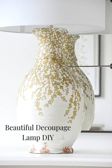 Decoupage Lamp DIY - StoneGable Refurbished Lamps, Diy Flower Pillow, Spray Paint Lamps, Decoupage Lamp, Diy Lamp Makeover, Thrift Store Decor, Lamp Makeover, Lamp Diy, Decoupage Tissue Paper