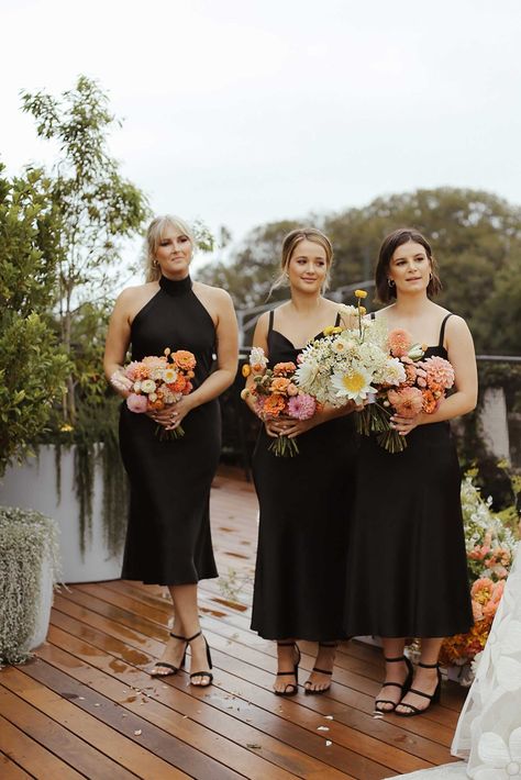 Tea Length Black Bridesmaid Dresses, Black Bridesmaid Dresses Tea Length, Black Bridesmaid Dress Summer Wedding, Black Midi Bridesmaids, Spring Wedding With Black Bridesmaid Dresses, Black Dresses Bridesmaid, Black Midi Dress Bridesmaid, Black Bridesmaid Outfits, Black Bridesmaid Dresses Colorful Shoes