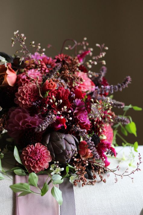 October bridal bouquet featuring artichokes, roses, basil and dahlias August Wedding Flowers, Marsala Flowers, Xmas Flowers, Artichoke Flower, Gum Paste Flowers, Carnation Flower, Floral Color, Floral Display, Winery Weddings