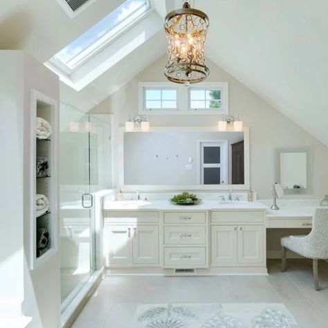 Bathrooms With Chandeliers, Bathroom With Skylight, Best Bathrooms, Bathroom Chandelier, Spa Like Bathroom, Transitional Bathroom, Downstairs Bathroom, Bathroom Inspo, Home Additions