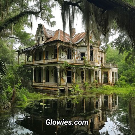 Monique L Dorange | Abandoned Mansion in the swamps of New Orleans 💚⚜️ | Instagram The Bayou New Orleans, New Orleans Gothic House, Old New Orleans Homes, Spooky New Orleans Aesthetic, Bayou New Orleans, Southern Gothic Mansion, New Orleans House Aesthetic, New Orleans Gothic Aesthetic, New Orleans Buildings