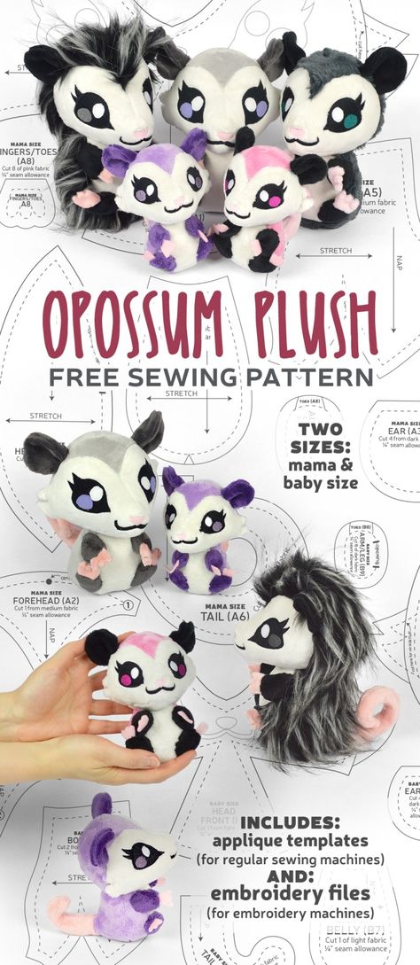 Free Pattern Friday! Opossum Plush – Sew Desu Ne? Plush Sewing Tips, Plush Animal Sewing Pattern, Bigfoot Plush Pattern, Plushie Base Pattern, Cholyknight Free, Possum Plush Pattern, Opossum Sewing Pattern, Opossum Plush Pattern, Possum Sewing Pattern Free