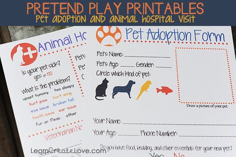 FREE Pretend Play Printables for Animals and Pet Adoption Pretend Play Printables, Pet Adoption Party, Play Printables, Adoption Form, Dramatic Play Preschool, Dramatic Play Area, Adoption Party, Kids Pretend Play, Dramatic Play Centers