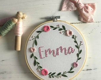 Embroidery Designs by Flossandfable on Etsy Name Embroidery Hoop, Embroidery Hoop Nursery, Name Nursery Decor, Embroidery Stitches Beginner, Baby Girl Name, Embroidery Hoop Wall Art, Personalized Baby Shower Gifts, Name Embroidery, Initial Gifts