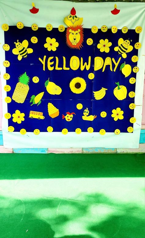 Yellow Colour Day Decoration In School, Yellow Colour Day Celebration In School, Yellow Day Decoration In Preschool, Yellow Day Celebration In Preschool, Yellow Day Activities Preschool, School Board Decoration, Activities Preschool, Board Decoration, Yellow Colour