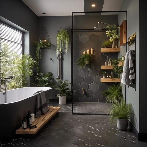 Dark Green And Black Bathroom, Dark Boho Bathroom, Green And Black Bathroom, Black Bathroom Decor Ideas, Zen Bathroom Decor, Moody Bathroom, Dark Boho, Black Bathroom Decor, Mid Century Modern Interior Design