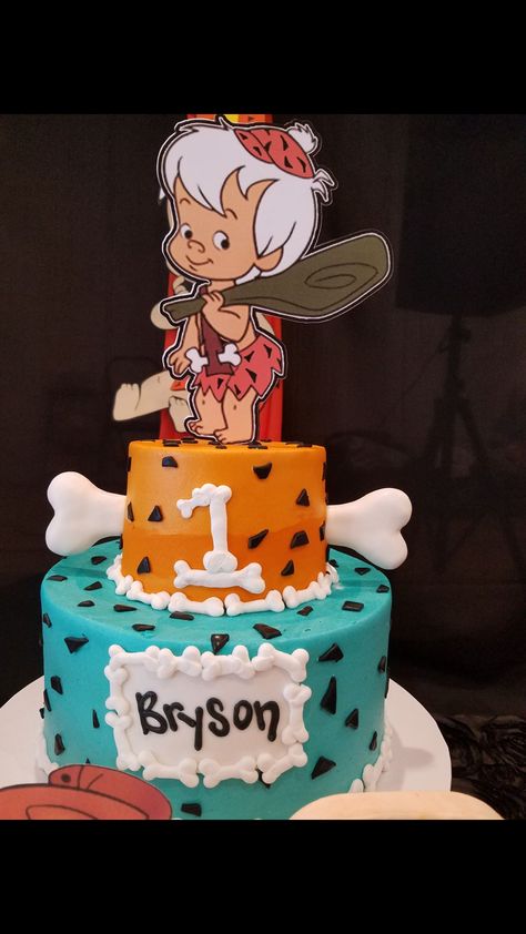 Flintstones 1st birthday party cake The Flintstones Birthday Party, Flintstone Cake Ideas, Flintstone 1st Birthday Party, Flintstone 2nd Birthday Party, Flintstone First Birthday, Bam Bam Birthday Cake, Bam Bam 1st Birthday Party, Flintstone Birthday Cake, Flintstones Birthday Cake