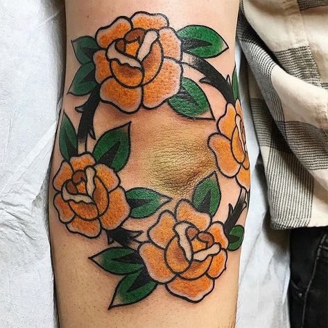 Rose band around my elbow. Done by Lisa @ Historic Tattoo Society (PortlandOR) American Traditional Rose Elbow Tattoo, Peony Elbow Tattoo Traditional, Traditional Elbow Ditch Tattoo, Marigold Flower Tattoo American Traditional, Elbow Bend Tattoos, Iowa Wild Rose Tattoo, Rose Elbow Tattoo, Traditional Elbow Tattoo, Tattoos Meaning Family