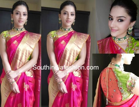 Pink Color Saree Contrast Blouse, Pink Pattu Saree Contrast Blouse, Pink Contrast Color Combinations Dresses, Rani Pink Saree Contrast Blouse, Pink Saree Contrast Blouse, Bride Sarees, Pink Silk Saree, Saree Color Combinations, Emerald Choker