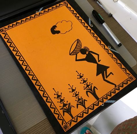 Warli painting done by Maa. Inspiration drawn from another painting on Pinterest Warli Art Greeting Card, Worli Painting Canvases, Warli Paintings Easy, Warli Paintings On Canvas, Folk Art Painting Easy, Warli Art Easy, Warli Art Painting, Warli Paintings, Worli Painting