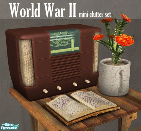 This is just a small collection of post-war items I made for the game. The set includes an old bakelite radio, marigold herbs potted in an old mug, and an old leather war diary with a feather... Sims 4 Cc Dark Academia Clutter, Sims 4 Cc 1940s Furniture, Sims 4 Vintage Clutter, Sims 4 40s Hair, Sims 4 Cc 40s Hair, Sims 4 1930s Cc Furniture, The Sims 4 40s Cc, Sims 4 40s Cc, Sims 4 Cc 1940s