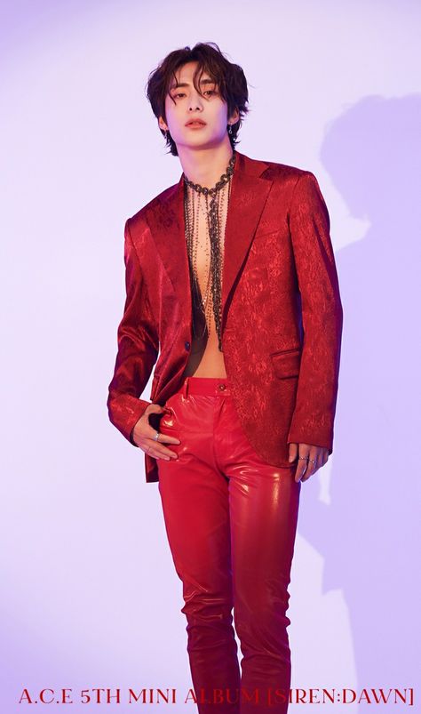 Kpop Outfit Ideas, Jun Ace, Red Leather Jacket Outfit, Male Costumes, A.c.e Junhee, Park Junhee, A.c.e Jun, 90s Fashion Outfits Hip Hop Party, Party Outfit Men