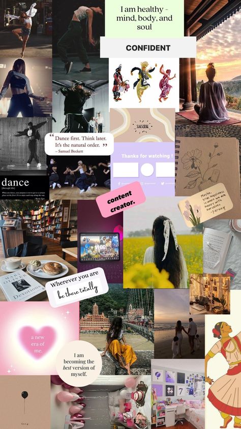 Cafe/room decor/dancing/physically fit/kathak/studying/youtube content creator/dreams/travel/self love/ temple visiting/photography/drawings/artistic/birthday/confident/ Wallpaper Vision Board, Dreamy Wallpaper, 2024 Goals, Samuel Beckett, Mary Oliver, True Happiness, Healthy Mind, Tennessee, New Era