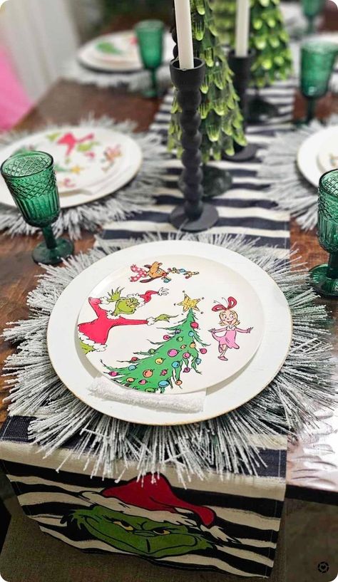 Grinch Themes Dinning Table Setup | Christmas | Holiday Decor | Grinchmas Follow me in the @LTK shopping app to shop this post and get my exclusive app-only-content! #liketkit #LTKSeasonal #LTKHoliday #LTKhome @shop.ltk Grinchmas Table Setting, Grinch Table Setting Dining Rooms, The Grinch Table Setting, Grinch Table Decor, Grinch Christmas Table Decorations, Grinch Tablescape, Grinch Table Decorations, Grinch Table Setting, Grinch Christmas Table