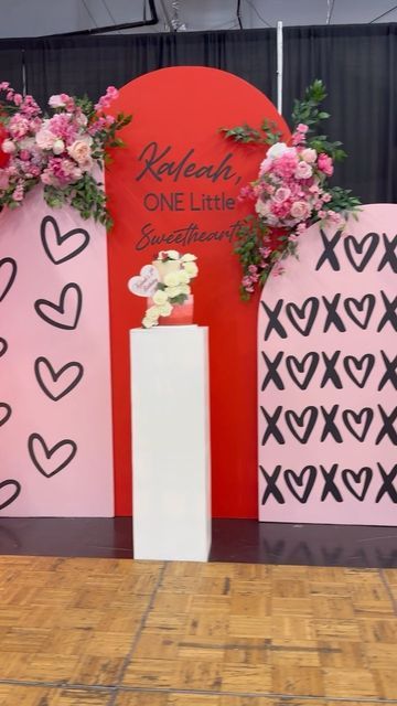 Valentine Installation, One Little Sweetheart Birthday, Our Little Sweetheart Is Turning One, Our Sweetheart Is Turning One, Valentine Birthday Theme, Valentines Birthday Party Ideas, Valentine 2024, Vday Decor, Valentines Birthday Party