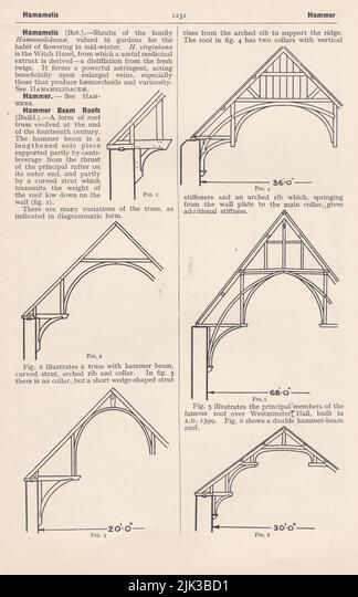 Vintage diagrams of hammer beam roofs. Stock Photo Hammer Beam Truss, Bitumen Roof, Ely Cathedral, Roof Ceiling, Barn Interior, Wooden Angel, Carpenter Work, Roof Structure, Roof Detail