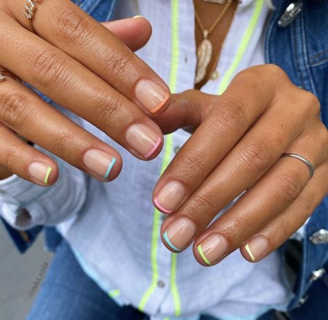 Nails Coloured Tips, Rainbow Tips, Coloured Tips, Fur Nails, Nails Biab, Nail Short, Palm Tree Nails, Tree Nails, Pointed Nails