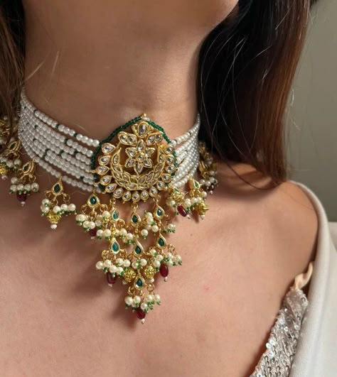 Premium White Pearl Pakistani Kundan Choker | Rajwadi Pearl Choker | Pearl semi precious stone | Premium Quality Gold Finish Polki Jewellery Sabyasachi, Jadau Choker Set, Polki Necklace Choker, Pearl Necklace Indian, Jadau Set, Gold Choker Set, Statement Jewelry Necklace, Women Salwar Suit, Kundan Choker Set