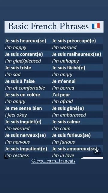 French on Instagram: "Basic French👆🏻🇫🇷 Follow for more👆🏻🇫🇷 Comment “BOOK” if you’re interested in learning French for the cost of a meal.😊🇫🇷  [ french, french class , french learning, tef canada, french lessons , français , learn french , french teacher , French posts , french reels , french language, paris , french travel ]" French Idioms, Free French Lessons, French Adjectives, French Language Basics, Verb Chart, Useful French Phrases, French Practice, French Basics, French Course