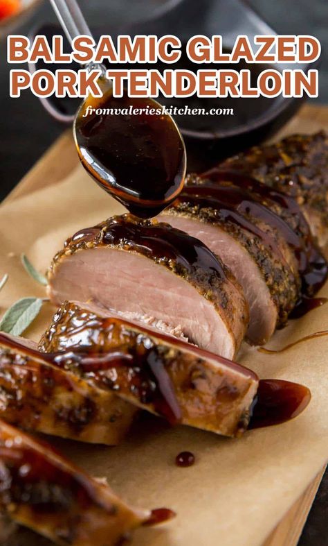 This exceptionally tender and juicy Balsamic Glazed Pork Tenderloin has just the right amount of sweet-tangy flavor. A meal worthy of a special occasion but easy enough to make any night of the week. Sauce For Pork Tenderloin, Balsamic Glazed Pork Tenderloin, Maple Glazed Sweet Potatoes, Blueberry Balsamic, Glazed Pork Tenderloin, Balsamic Pork Tenderloins, Smothered Pork Chops Recipe, Balsamic Glaze Recipes, Pork Meals