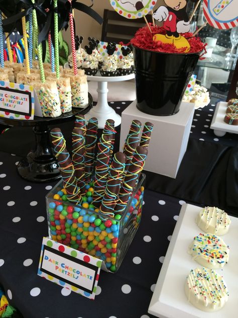 Sweet Simplicity Bakery — Mickey Mouse Clubhouse Theme Dessert/Candy Table... Quince Treats, Buffet Table Display, Mickey Mouse Desserts, Birthday Candy Table, Chocolate Pretzel Rods, Mickey Mouse Themed Birthday Party, Mickey Clubhouse, Mickey Mouse Clubhouse Birthday Party, Mickey Mouse Clubhouse Party