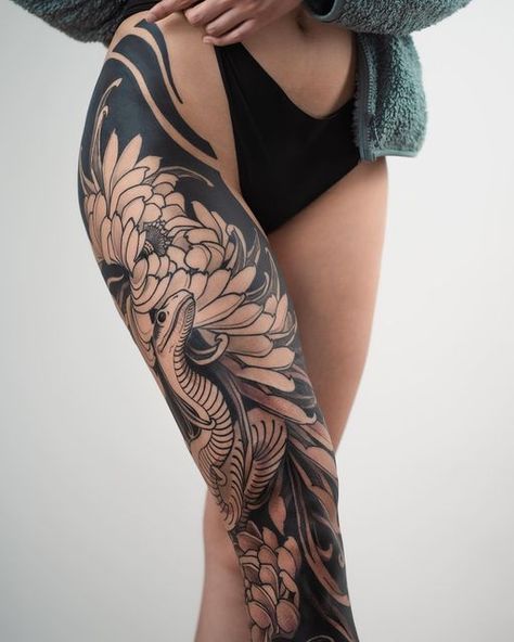 FIBS on Instagram: "Shapes n motion" Back Tattoo Women Full, Japanese Leg Tattoo, Backpiece Tattoo, Full Leg Tattoos, Chrysanthemum Tattoo, Blackout Tattoo, Full Body Tattoo, Leg Tattoos Women, Leg Sleeve Tattoo