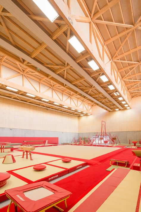 Wall and roof construction above ground level is made of timber. © 11h45 Gymnastics Gymnasium, Gymnasium Architecture, Dance Studio Design, Gymnastics Center, Gymnastics Room, Campus Design, Gymnastics Gym, Sport Park, Kickboxing Workout