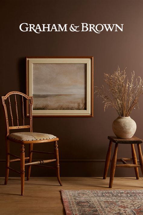 Proudly Graham & Brown's Colour of the Year 2025, Elderton takes its name from the humble Elder Tree. Shade Grown Paint Color, Cherry Cabinets Kitchen Wall Color Paint, Golden Brown Wall Paint, Charleston Brown Benjamin Moore, Dark Brown Walls Kitchen, Brown Walls And Ceiling, Mole’s Breath Farrow And Ball, Cozy Paint Colors Sherwin Williams, Cobble Brown Sherwin Williams