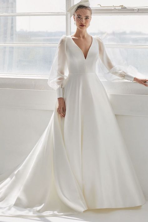 eloise2 Ellis Bridal, Timeless Wedding Dress, Organza Sleeves, Minimalist Wedding Dresses, Wedding Dress Trends, Long Sleeve Wedding, Wedding Dress Sleeves, Satin Wedding, Perfect Wedding Dress