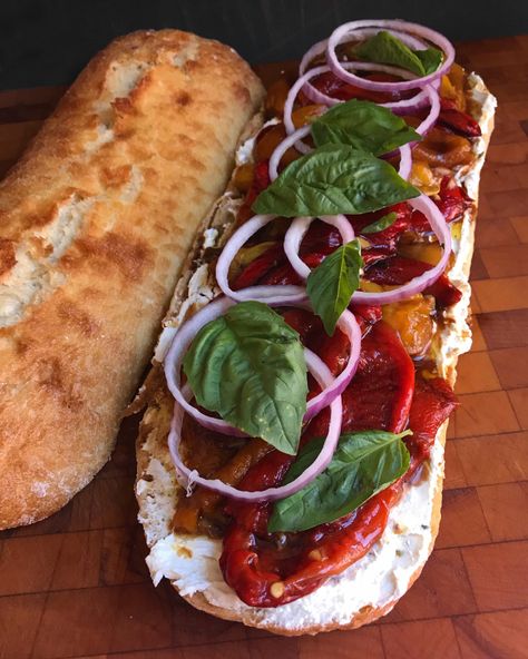 Goats Cheese Sandwich, Roasted Pepper Sandwich, Poolside Sandwiches, Roasted Red Pepper Sandwich, Red Pepper Sandwich, Marinated Peppers, Goat Cheese Sandwich, Packable Lunches, Chicken Eggplant