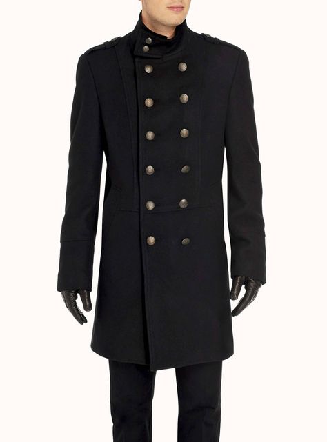 Long military coat, high neck Coat Outfits Men, Long Navy Coat, Military Coat Men, Navy Coat Outfit, Military Long Coat, Military Coats, Character Wardrobe, Casual Professional, Navy Coat