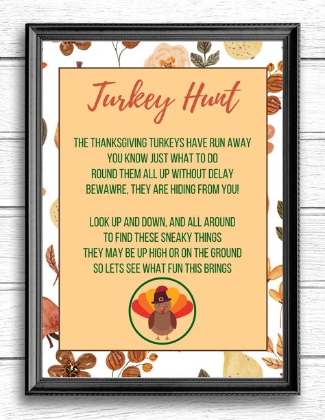 "This is listing is for the \"Turkey Hunt\" game that you can instantly download. Need something more personalized? Message me for pricing and details. >> P L E A S E * N O T E *You are purchasing a DIGITAL FILE. *NO physical product will be shipped. >> Y O U * W I L L * R E C E I V E ♡ 8.5\"x11\" PDF file >> H O W * T O * O R D E R Add this listing to your cart. Upon payment, you will be directed to the download page. Download your purchase right away, or save it for later" Thanksgiving Fun Games, Turkey Hunt Game, Thanksgiving Printable Games, Testing Treats, Turkey Hunt, Thanksgiving Scavenger Hunt, Friendsgiving Games, Thankful Sign, Teachers Thanksgiving