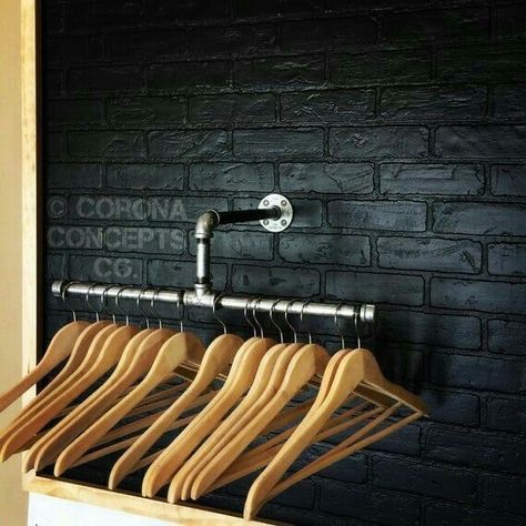 Clothing Rack Bedroom, درج السلم, Clothing Store Displays, Clothing Store Design, Pipe Furniture, Industrial Pipe, Hanger Rack, Boutique Interior, Store Design Interior