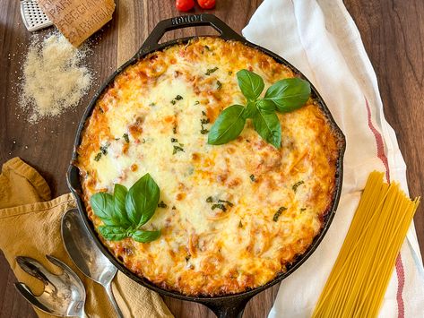 Baked Spaghetti Casserole - Dutch Oven Daddy - Cast Iron Living Dutch Oven Spaghetti, Oven Spaghetti, Eggplant Ricotta, Ricotta Bake, Zucchini Skillet, Baked Spaghetti Casserole, Skillet Lasagna, Spaghetti Casserole, Ground Italian Sausage