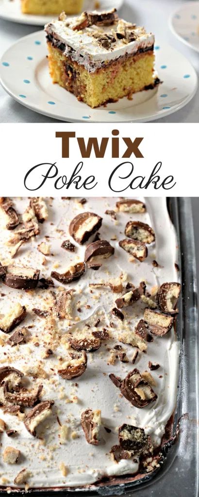 Twix Cake, Twix Candy, Poke Cake Recipes, Poke Cakes, Vegetarian Cake, Salty Cake, Caramel Topping, Yummy Dessert, Poke Cake