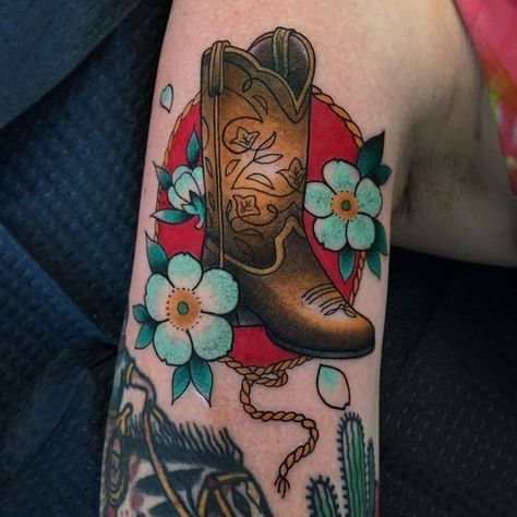 Cowboy Boot tattoo by @littlejennsmall  at @madetolasttattoo in Charlotte NC #littlejennsmall #jennsmall #madetolasttattoo #charlotte #northcarolina #boots #cowboyboots #bootstattoo #cowboybootstattoo #tattoo #tattoos #tattoosnob Boot Tattoo, Cowboy Boot Tattoo, Cowboy Hat Tattoo, Rad Tattoos, Best Cowboy Boots, Tattoo On Arm, Cowgirl Tattoos, Cowboy Tattoos, Sunset Tattoos