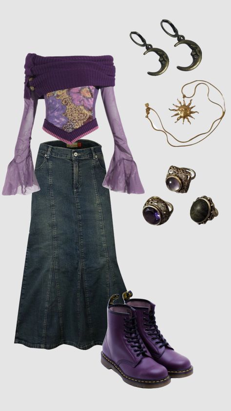 whimsigoth outfit inspo #whimsigoth #whimsygoth #purple #witch #outfitinspo #inspo #outfit #fashion #astrology Witch Core Outfits, Purple Fashion Outfit, Witch Aesthetic Outfit, Witchy Outfits, Purple Goth, Purple Witch, Interesting Outfits, Witch Fashion, Outfit Layout