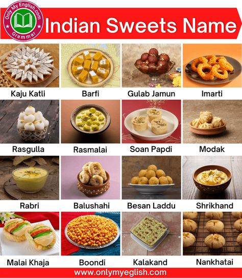 Indian Food Explained, Indian Food Names, Dessert Recipes Indian, Food Names In English, Indian Food Menu, Dessert Names, Food Vocabulary, Food Infographic, Gulab Jamun