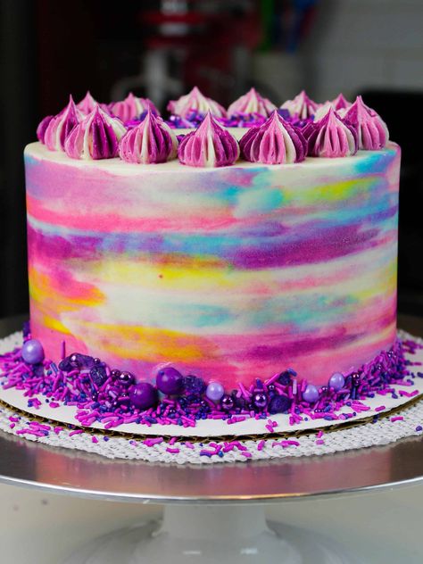 Rainbow Watercolor Cake, Tie Dye Cakes Ideas, Vegan Funfetti Cake, Cupcake Torte, 7th Birthday Cakes, 8th Birthday Cake, Girls Cake, 10 Birthday Cake, Watercolor Cake